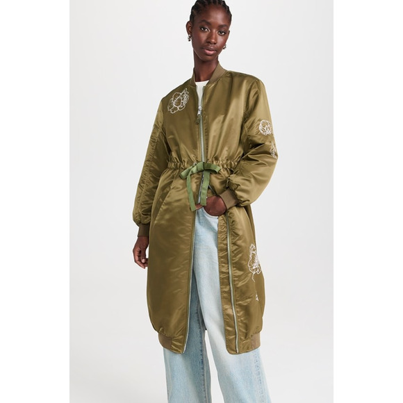 Cinq à Sept Olive Pauline Peony Embroidered Long Bomber Full Zip Coat, size XXS - Picture 1 of 10